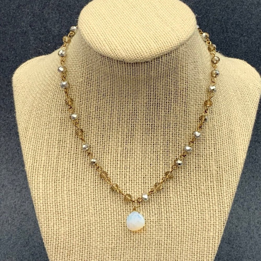 Milky Iridescent Teardrop Necklace Faceted Silver Mirror Ovoid Gold Chain